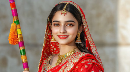 A young woman beams in traditional red attire, adorned with intricate jewelry, capturing the essence of joy and cultural celebration in a vibrant portrait.の素材