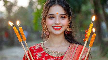 A young woman radiates joy while celebrating a festival, holding colorful candles. Her traditional attire and bright smile capture the essence of cultural festivities and happiness.の素材
