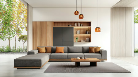 Bright and airy living room showcasing modern furniture and stylish decor, with ample natural light and a serene atmosphere ideal for relaxation and comfort.の素材