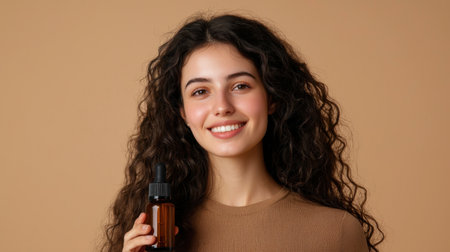 A joyful young woman with curly hair smiles while holding a dropper bottle of essential oil, embodying beauty, wellness, and relaxation in a soft background.の素材