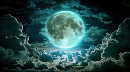 A mesmerizing full moon glows brilliantly amidst fluffy clouds, creating a stunning visual spectacle under a starry night sky. Perfect for evoking serenity.の素材