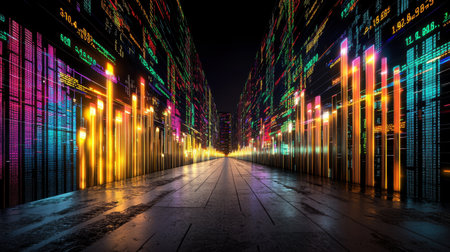 Immerse yourself in an abstract digital world filled with vibrant lights and graphical data, showcasing the fusion of technology and modern aesthetics in a futuristic environment.の素材