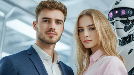 A young couple stands confidently next to a modern robot in a sleek, futuristic environment. Their stylish attire highlights a blend of technology and human connection.の素材