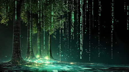 This captivating image features a futuristic forest with illuminated trees surrounded by digital rain, creating a serene and imaginative environment.の素材