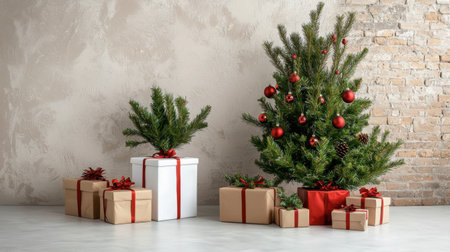 A beautifully arranged Christmas scene featuring a decorated tree and various wrapped gifts. The warm atmosphere captures the essence of the holiday spirit with elegant decor.の素材