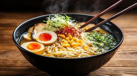 A steaming bowl of ramen, featuring rich broth and savory toppings. Perfect for food enthusiasts, showcasing a blend of textures and flavors in Japanese cuisine.の素材
