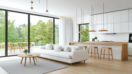 Bright and modern living room featuring an open kitchen, large windows, and contemporary decor, creating a relaxing atmosphere filled with natural light.の素材