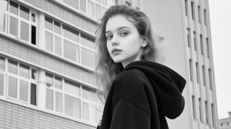 A stylish young woman poses confidently in an urban setting, wearing a black hoodie. Her thoughtful expression captures a moment of reflection amid modern architecture.の素材