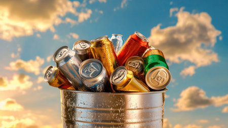 A vibrant collection of empty aluminum cans sits in a metal trash bin against a scenic sky backdrop. Ideal for themes of recycling and sustainability.の素材