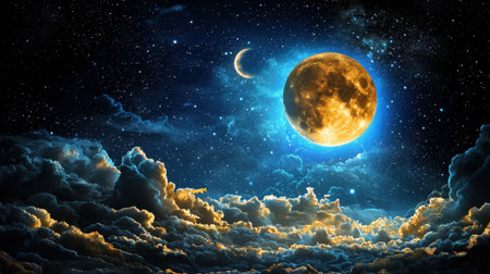 A stunning night sky display featuring a bright moon and twinkling stars above fluffy clouds, creating a serene and atmospheric landscape full of wonder.の素材