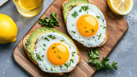 A vibrant breakfast featuring sunny-side-up eggs on avocado slices garnished with fresh herbs. Lemon adds a refreshing touch to this healthy meal.の素材