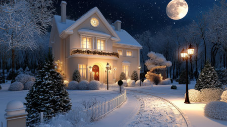 A charming winter house adorned with festive decorations, illuminated under a moonlit sky. Surrounded by snow-covered trees, this serene winter scene captures the beauty of the season.の素材