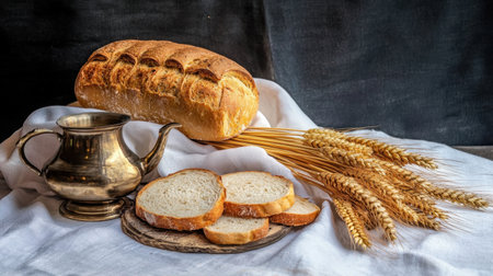 A beautiful arrangement of freshly baked bread, golden wheat stalks, and a vintage metal serving pot, showcasing the warmth of homemade baking and rustic charm.の素材