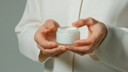 Close-up image of hands delicately holding a cream jar, embodying beauty and elegance. Perfect for promoting skincare products and wellness routines.の素材