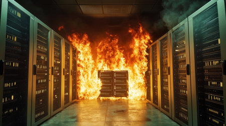 A dramatic scene inside a data center revealing an intense fire engulfing server racks, showcasing urgency and the dangers of technology emergencies.の素材