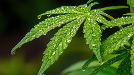 A close-up image of a fresh green leaf adorned with glistening water drops, showcasing the beauty of nature. Perfect for illustrating themes of vitality and environmental serenity.の素材