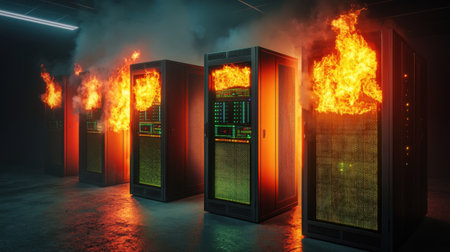 A dramatic scene of a data center engulfed in flames and smoke, highlighting the risks associated with technology infrastructure and emergency situations.の素材