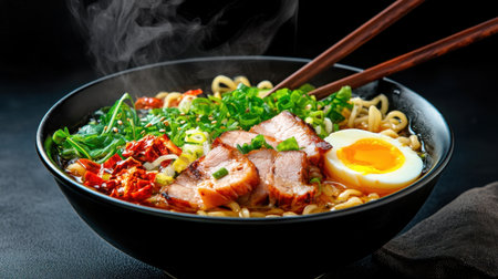 This vibrant ramen bowl features tender pork, a soft boiled egg, fresh herbs, and steam rising, perfect for a comforting meal any time.の素材