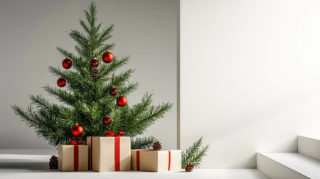 A beautifully decorated Christmas tree adorned with red ornaments, accompanied by elegantly wrapped gifts. Ideal for seasonal celebrations and holiday themes.の素材