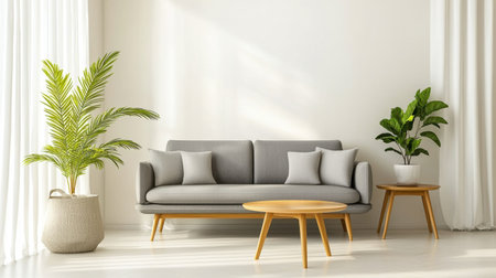 A stylish modern living room showcasing a grey sofa with cushions, complemented by indoor plants and natural light, creating a cozy yet sophisticated atmosphere.の素材