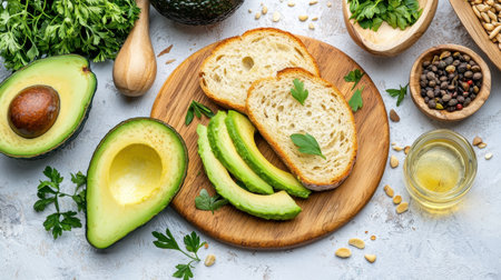 This image showcases fresh avocado slices on a wooden board with rustic bread and vibrant herbs, perfect for healthy meal inspiration and culinary creativity.の素材