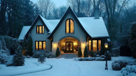 A charming winter home surrounded by fresh snow, showcasing warm lights glowing from the windows. This cozy setting captures the essence of peace and tranquility.の素材