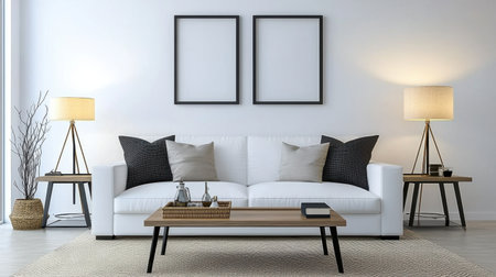 Bright and inviting modern minimalist living room featuring a cozy sofa, elegant decor, and stylish lamps. Ideal for interior design inspiration or home decor projects.の素材