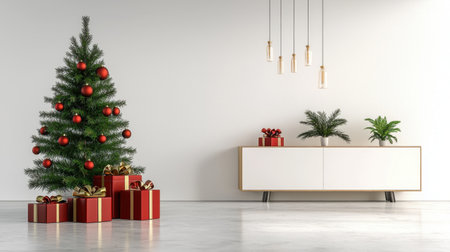 A vibrant Christmas tree adorned with red ornaments stands next to beautifully wrapped gifts in a bright, modern living room, perfect for holiday celebrations.の素材