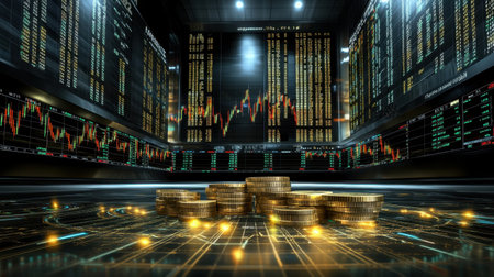 A captivating view of a financial trading room featuring shimmering coins and digital charts. This image represents the dynamic world of finance, investment, and market analysis.の素材