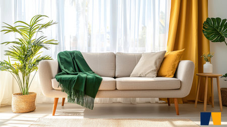 Modern living room featuring a stylish sofa adorned with a green throw blanket. Bright curtains and indoor plants create a warm, inviting atmosphere.の素材