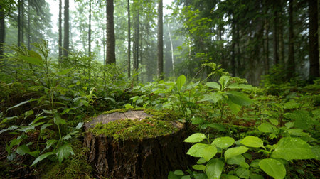 A serene forest scene features a tree stump covered with moss, surrounded by lush green plants, creating a peaceful and tranquil atmosphere.の素材