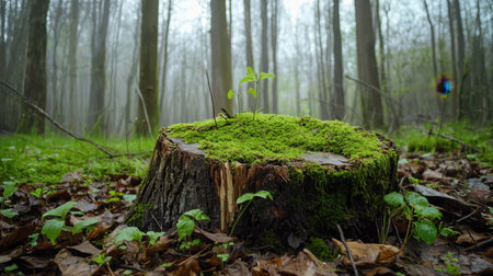 A serene image of a tree stump covered in vibrant moss and a young seedling, set in a lush, misty forest. This peaceful scene captures the essence of nature's renewal and tranquility.の素材