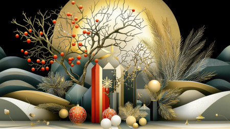 This artistic winter scene features decorated trees, colorful ornaments, and geometric shapes, capturing the festive spirit and warmth of the holiday season.の素材