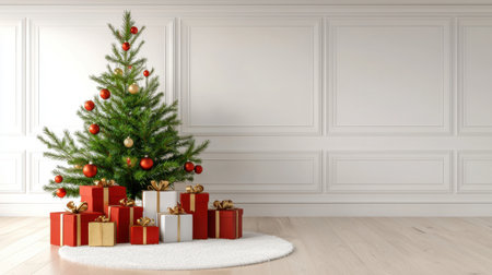 A beautifully decorated Christmas tree stands tall in a cozy setting, surrounded by colorful gift boxes. The scene captures the essence of holiday joy and warmth.の素材