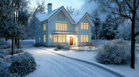 A charming house welcomes winter with glowing lights in a snowy landscape. The serene atmosphere captures the essence of a cozy evening in nature.の素材