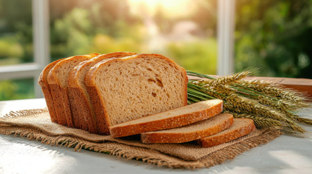 A beautiful display of freshly sliced bread on a rustic table, featuring golden wheat beside it. The warm, natural light creates a cozy atmosphere, perfect for food photography.の素材