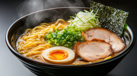 A steaming bowl of traditional ramen featuring delicious noodles, tender pork, a soft-cooked egg, and fresh herbs, perfect for a comforting meal.の素材