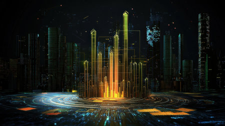 This image showcases a futuristic financial growth visualization set against a neon cityscape. It represents data analysis, market trends, and technological innovation in a vibrant digital environment.の素材