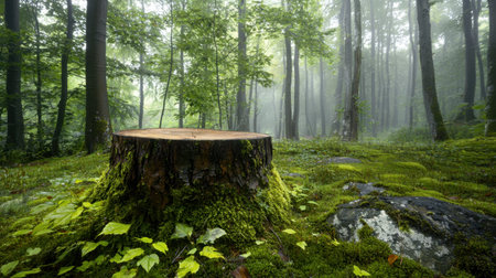 A serene forest scene showcasing a tree stump surrounded by lush greenery and mist. The atmosphere is tranquil, evoking a sense of nature's beauty and biodiversity.の素材