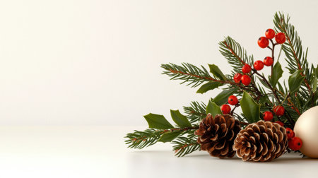 A charming arrangement featuring pinecones, holly berries, and greenery, perfect for capturing the essence of the Christmas season and adding a festive touch to any decor.の素材