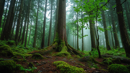 Experience the serene beauty of a misty forest scene featuring lush moss-covered ground and towering trees. Perfect for nature lovers and outdoor enthusiasts.の素材