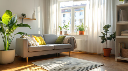Bright and cozy living room showcasing modern furniture and indoor plants. The space is filled with natural light, creating a warm and inviting atmosphere. Perfect for relaxation.の素材