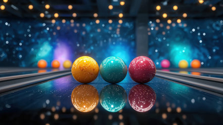 Three vibrant bowling balls in orange, teal, and pink rest on a shiny alley, surrounded by colorful lights creating an energetic and inviting atmosphere.の素材