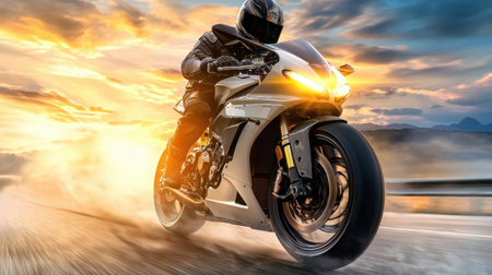 An exhilarating scene of a motorcycle rider speeding down an open road at sunset. The dynamic performance highlights the thrill and freedom of biking against a beautiful sky.の素材