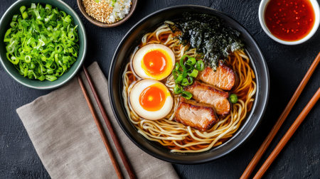 A beautifully arranged bowl of noodles with tender pork slices, soft boiled eggs, fresh greens, and savory broth. Ideal for food lovers.の素材
