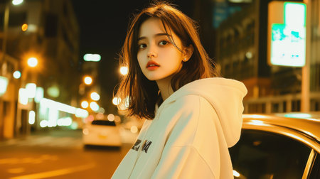 A young woman in a trendy hoodie poses confidently on a city street at night, illuminated by vibrant lights and streetlamps, showcasing contemporary urban fashion.の素材
