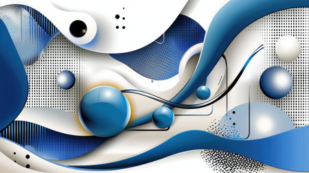 Vibrant abstract design featuring smooth blue waves and geometric shapes. The artwork blends various patterns to create a modern and dynamic visual experience.の素材