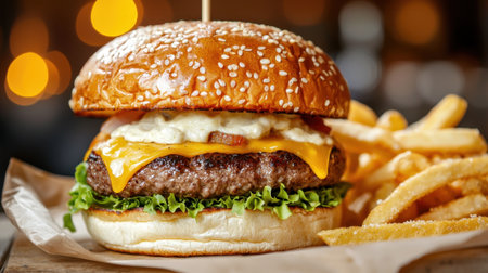 A delectable cheeseburger featuring a juicy beef patty, fresh lettuce, and melted cheddar cheese, served alongside crispy golden fries. Perfect for food enthusiasts.の素材