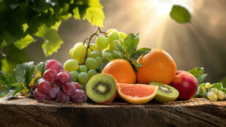 A beautiful arrangement of assorted fresh fruits including grapes, oranges, kiwi, and more, beautifully displayed on a wooden surface under natural sunlight.の素材