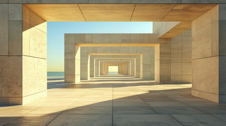 A serene architectural passageway features concrete structures bathed in sunlight, leading to a stunning ocean view. Ideal for contemporary design themes.の素材
